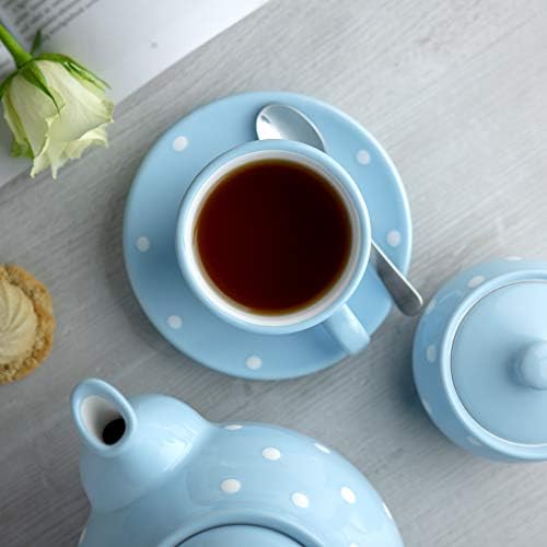 עיר לקוטג 'בעבודת יד שמיים כחולים ולבן פולקה נקודה קרמיקה 9oz/250ml | קפוצ'ינו, קפה, כוס תה וצלוחית,